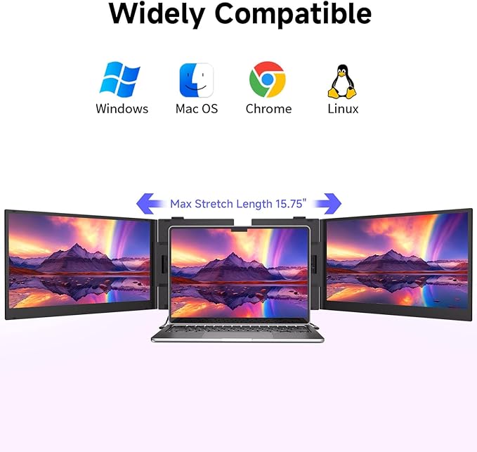 Triple Laptop Screen Extender, 2.2lb 14" FHD Ultra-Light Multiple Laptop Monitor Extender, Ultra-Thin Portable Monitors Attachable for 13.3-17" Laptops, Triple Screen Extender for Windows/Mac/Chrome