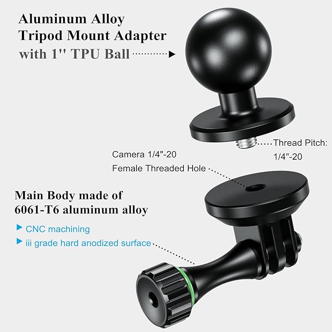 BRCOVAN 1'' Ball Tripod Mount Adapter with Camera 1/4"-20 Thread, Aluminum Alloy, Compatible with RAM Mounts B Size 1 Inch Ball Double Socket Arm, Suitable for Action Camera/Camcorder/Field Monitor