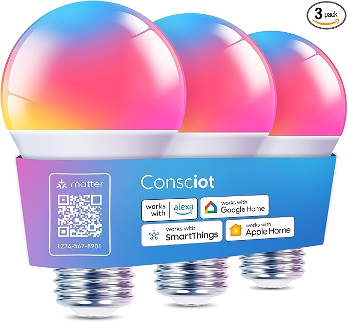 Consciot Smart Light Bulbs, WiFi Bluetooth Color Changing LED Light Bulb, Music Sync, 60W Equivalent Smart Bulb, A19 E26 RGBTW Light Bulbs That Works with Alexa/Google Home/Apple Home/Siri, 3 Pack