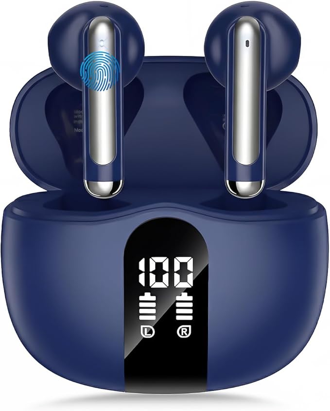 Wireless Earbuds, 2026 Bluetooth 5.4 Headphones Bass Stereo Ear Buds with Noise Cancelling Mic, LED Display in Ear Earphones 50H Playtime Ear Buds, IP7 Waterproof for Laptop Pad Phones Deep Blue