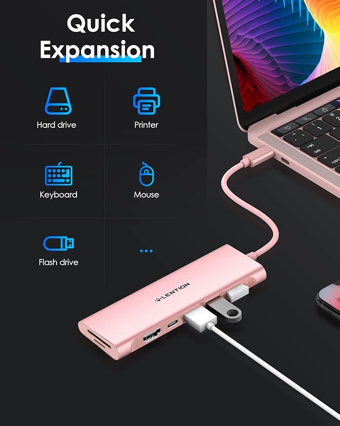 LENTION 7-in-1 USB C Multiport Hub with 4K HDMI, 100W PD, 3 USB 3.0 Ports, SD/MicroSD Card Reader Compatible MacBook Pro/Air/Neo 2016-2026 Type C Devices Stable Driver Adapter (CB-C36B, Rose Gold)