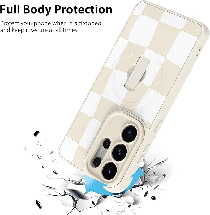 KANGHAR Compatible with Samsung Galaxy S26 Ultra Case, Support for MagSafe, Silicone Checkered Cute Pattern, Wristband Kickstand Camera Protection Soft Slim Cover for Girls Women -White