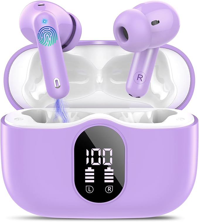 Wireless Earbuds, Bluetooth 5.4 Headphones Bass Stereo, Ear Buds with Noise Cancelling Mic, IP7 Waterproof in Ear Earphones, 36H LED Display Bluetooth Earbuds for Laptop Pad Phones, Pale Violet