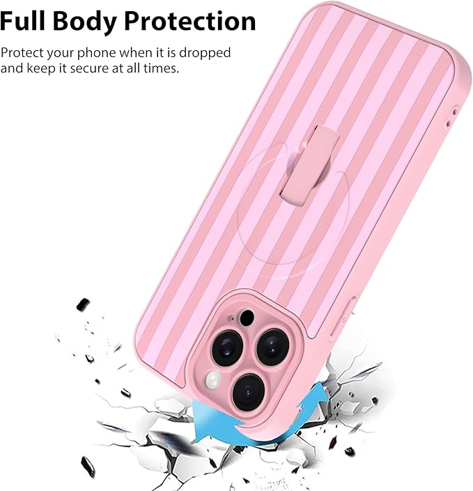 KANGHAR Compatible with iPhone 15 Pro Case, Support for MagSafe, Silicone Stripes Cute Pattern, Wristband Kickstand Camera Protection Soft Slim Cover for Girls Women -Pink