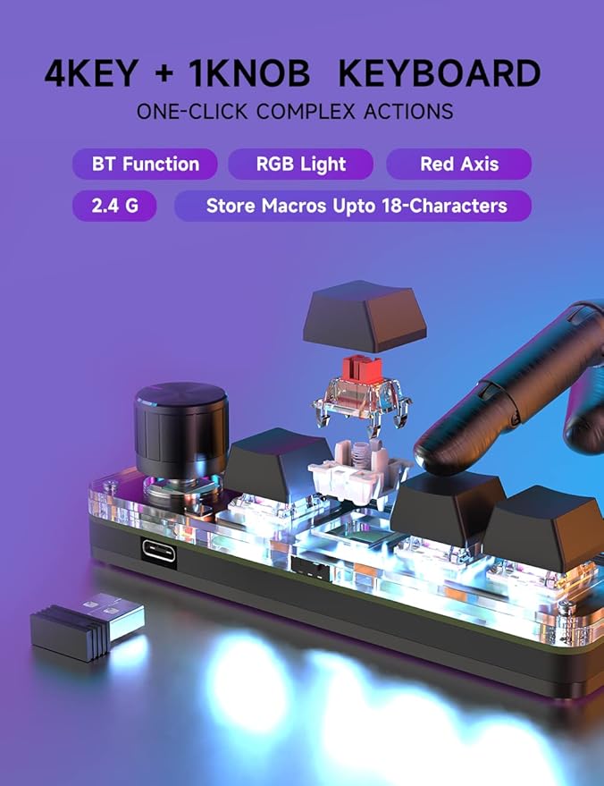 One-Handed Macro Mechanical Keyboard, 4 Keys Gaming Keyboard Fully Programmable for Knobs and Keys, OSU Keypad Hotswap Keypad with RGB for Game Editing PS