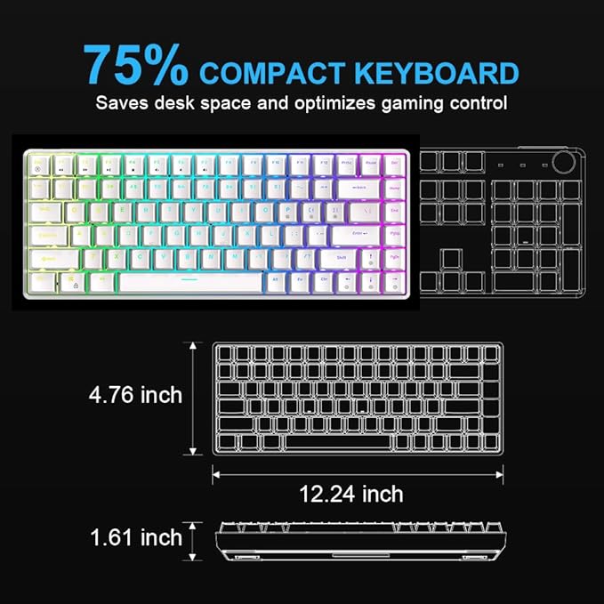 FOXXRAY HKM-S93 Mechanical Gaming Keyboard, Compact 75% Layout Hot-Swappable Gaming Keyboard Blue Switch, RGB Backlit with Customizable Keys, 84-Key Wired Computer Keyboards for Laptop PC Gamer-White