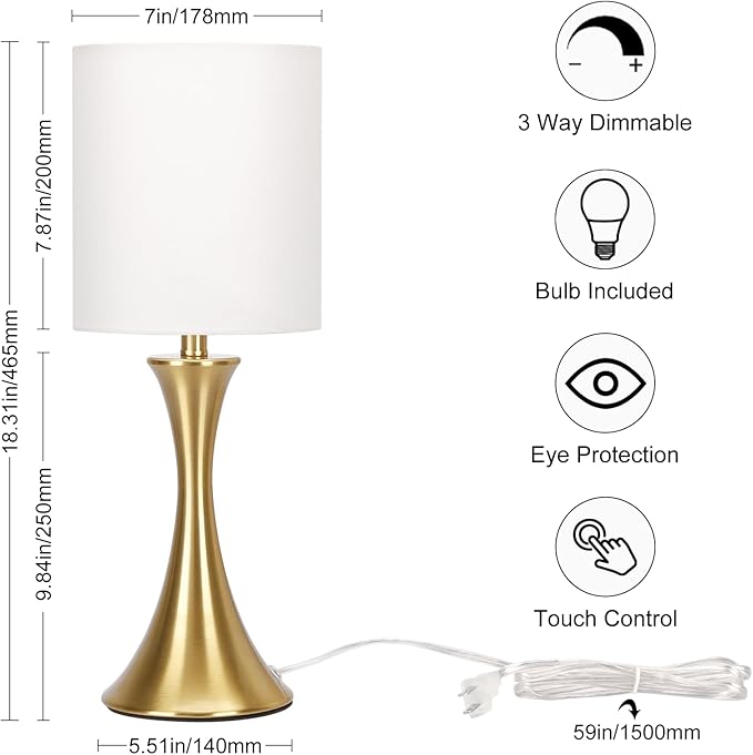 Gold Bedside Lamp Touch Control Table Lamp for Bedroom, 3-Way Dimmable Nightstand Lamp with White Shade, Modern Table Lamp for Living Room, Minimalist Desk Lamp for Dorm, Home, Office, Bulb Included