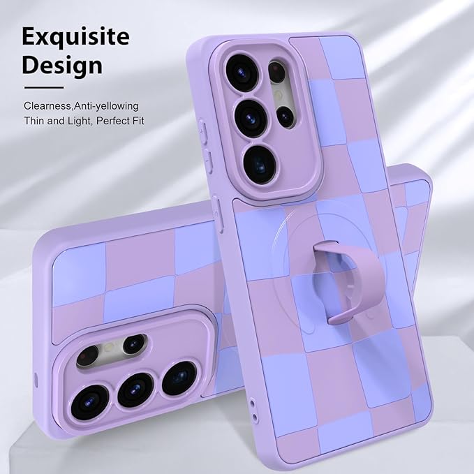 KANGHAR Compatible with Samsung Galaxy S26 Ultra Case, Support for MagSafe, Silicone Checkered Cute Pattern, Wristband Kickstand Camera Protection Soft Slim Cover for Girls Women -Purple