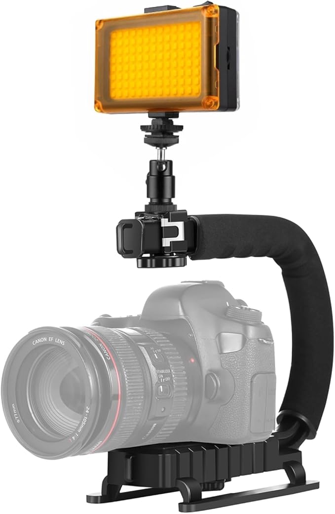 PULUZ U/C Shape Video Action Stabilizing Handle Grip Handheld Stabilizer Kit with Phone Clamp & LED Studio Light for Canon Sony Nikon Cameras and Home DV Camera Smartphones