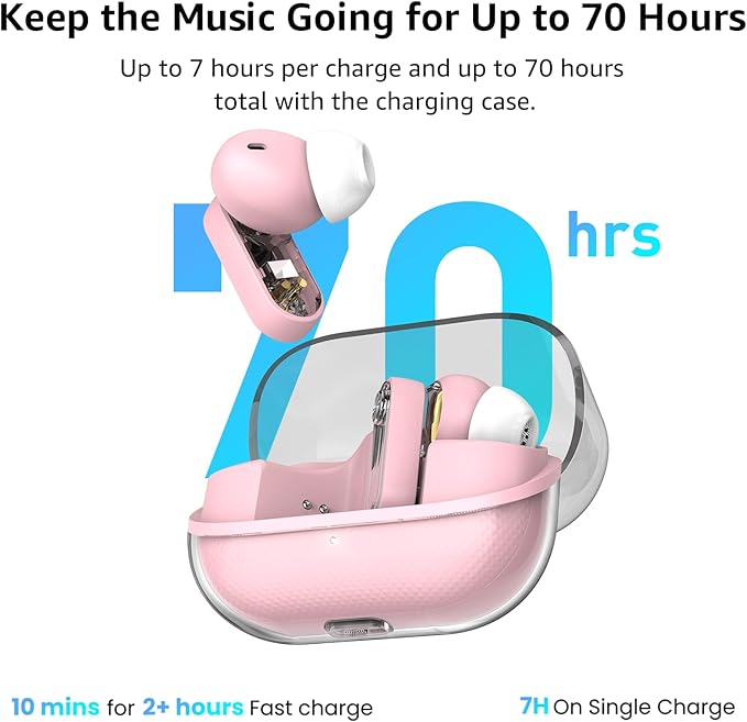 TOZO Crystal Pods Hybrid Active Noise Cancelling Wireless Earbuds, 10mm Drivers Deep Bass, 4 Mics Smart ENC AI Calls, Real-Time AI Translation, 32 EQ via App, Bluetooth 5.4, Crystal Design