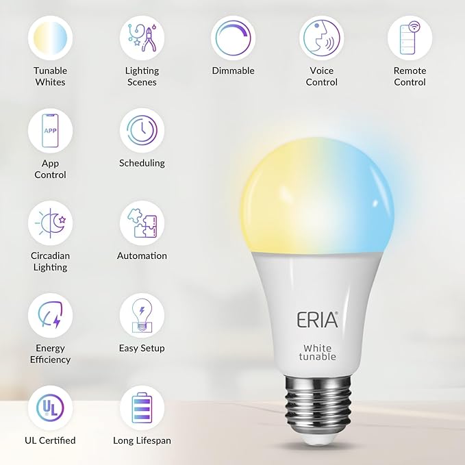ERIA Smart Light Bulbs, A19 ZigBee, Tunable White 800 Lumens, Works with Hue*, SmartThings, HA, Amazon Echo (4th Gen), Alexa, HA, Google Assistant (2-Pack)
