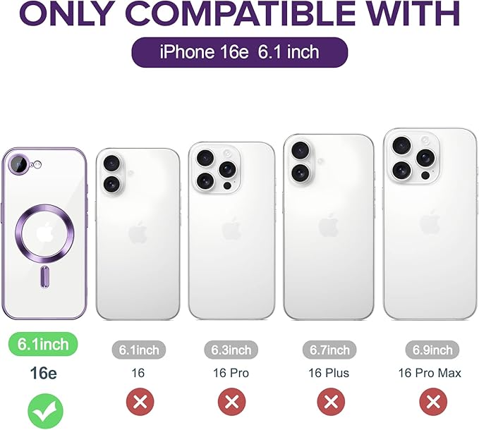 Hython Magnetic Clear for iPhone 16e Case with Camera Lens Protector [Compatible with MagSafe] Luxury Plating Edge Slim Soft TPU Cover Protective Phone Case for iPhone 16e 6.1", Deep Purple