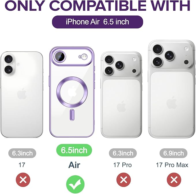 Hython Magnetic Clear for iPhone Air Case with Camera Lens Protector [Compatible with MagSafe] Luxury Plating Edge Slim Soft TPU Cover Protective Phone Case for iPhone Air 6.5", Light Purple