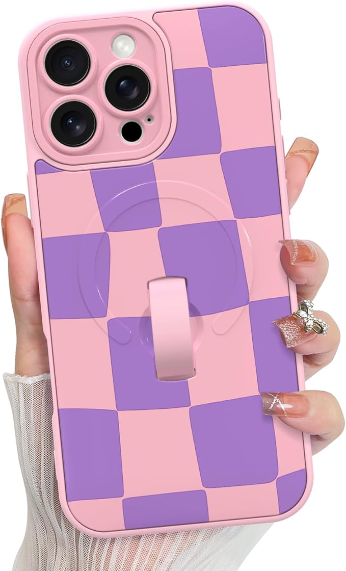 KANGHAR Compatible with iPhone 16 Pro Max Case, Support for MagSafe, Silicone Checkered Cute Pattern, Wristband Kickstand Camera Protection Soft Slim Cover for Girls Women -Pink