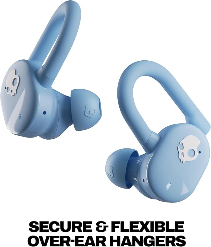 Skullcandy Push Play Active Wireless Earbuds, Bluetooth Headphones, Noise Isolating Fit, 34 Hrs Battery, Secure-Fit Over-Ear Hanger, Sweat Water Resistant, Microphone for iPhone Android - Preppy Blue
