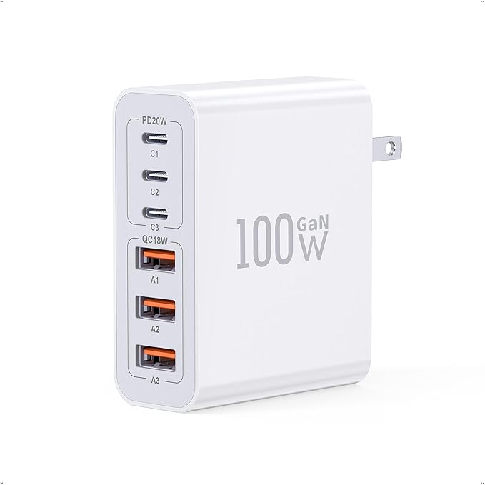 USB C Wall Charger, 100W 6-Port PD Fast USB C Charging Block,3USB C+3USB A Charging Station Hub Block Power Strip Adapter Plug Type C Cube Brick for iPhone 17/16/15/14/13/Pro Max,iPad,Samsung,Tablet
