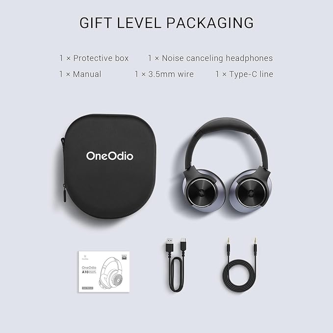 OneOdio Focus A10 - Hybrid Active Noise Cancelling Headphones, Wireless Over-Ear Headphones with 62H Playtime, Fast Charging, Hi-Res Audio, Clear Calls, Bluetooth & Wired Mode for Travel Work