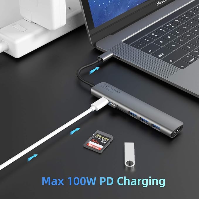 WALNEW USB C Hub with 4k HDMI,100W Power Delivery,SD/TF Reader,USB 3.0 Data Ports,7-in-1 USBC Dongle Multiport Adapter,Thunderbolt 4 Dock for Macbook Pro/Air,Mac,iPad 10,Surface,Dell XPS Laptop,Tab S7