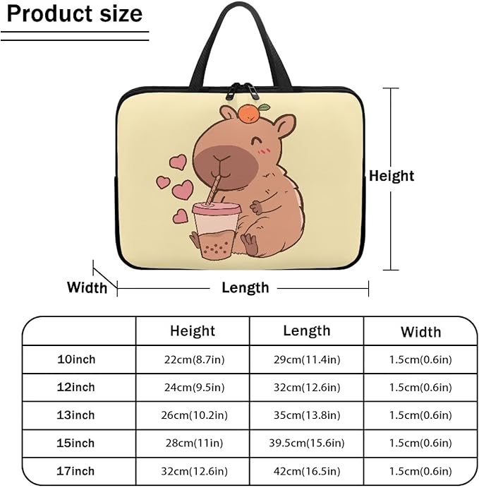 12 Inch Capybara Bubble Tea Laptop Sleeve, Protective Tablet Case with Handle, Water Resistant Zipper Computer Bag Carrying Case Notebook Cover Messenger Briefcase for Women