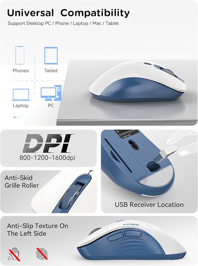 RAPIQUE Bluetooth Wireless Mouse - Dual Bluetooth & 2.4 GHz USB Receiver, Ergonomic Design, Quiet Clicks, Low Power - Multi-Device Compatibility for MacBook, Laptop, Computer (Blue and White)