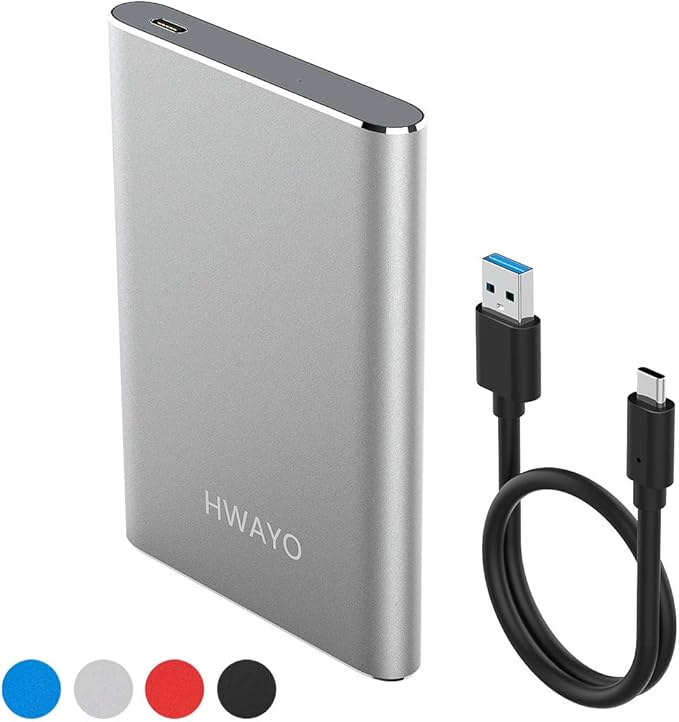 HWAYO 1TB Portable External Hard Drive, USB3.1 Gen 1 Type C Ultra Slim 2.5'' HDD Storage Compatible for PC, Desktop, Laptop, Mac, Xbox One (Silver)