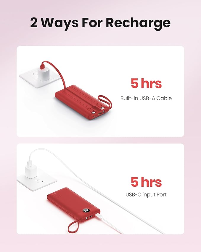 Portable Charger Power Bank, External Battery Pack with Cords Wires, Light 10000mAh Travel Essentials Battery Bank 5 Outputs 2 Inputs LED Display Compatible with iPhone/Android &More(Magenta)