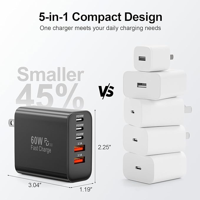 USB C Charger Block, 60W 5-Port Type C Charger Fast Charging Block, USBC USB Multiple Port Wall Charger Plug Adapter for iPhone 17/Air/16/15/14/13/12/11 Pro Max, Samsung Galaxy, iPad, Tablet (Black)
