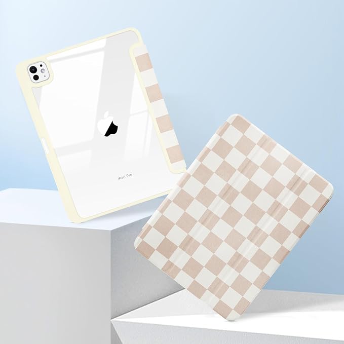 MrARTIST for for iPad Pro 11 Inch Case (M5/M4) 2025/2024 6th/5th Generation Case Cute for Women Girls Girly Kawaii Aesthetic Design for Apple Tablet Cover with Pencil Holder, Khaki Checkered