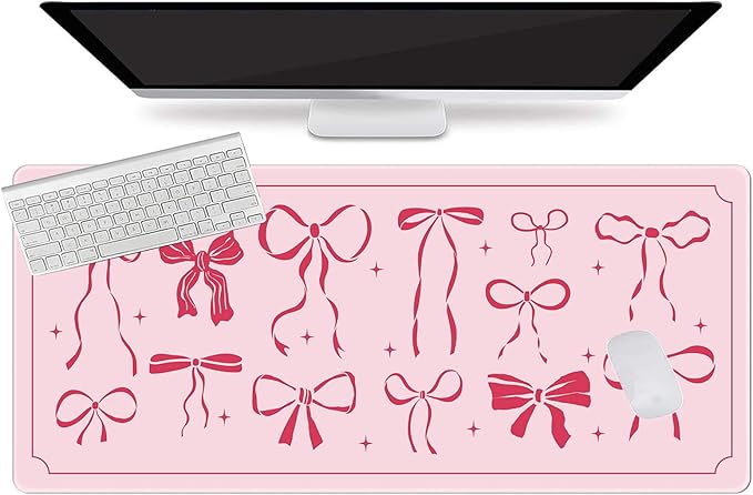 L-SPOUTTO Pink Bow Desk Mat for Keyboard and Mouse,XXL Large Mouse Pad Non-Slip Keyboard Pad Waterproof Desktop Mat for Laptop Computer Work Game Home Office-Pink Ribbon