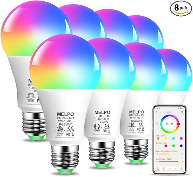 MELPO Smart RGB Light Bulbs Work with Alexa, 12W(130W Equivalent), 2700K-6000K，A19 E26 Bluetooth Color Changing Light Bulb, 16 Million Colors-DIY Flash/Fade - Timing-DIY Scenes- Music Sync (8 Pack)