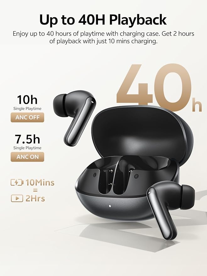 QCY MeloBuds N20 Active Noise Cancelling Wireless Earbuds, 50dB ANC Headphones with 6 Mics ENC Clear Call, 13mm Dynamic Driver, 40H Battery Life, Bluetooth 6.0 (Black)