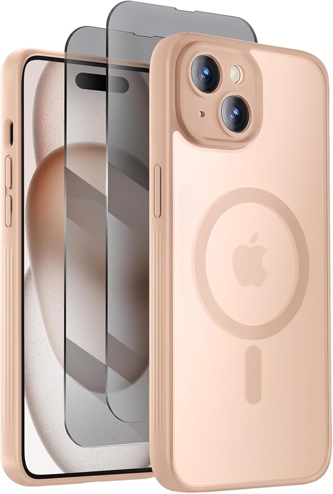 Symcele Designed for iPhone 15 Plus Case, Compatible with MagSafe, with Privacy Screen Protectors X2, [Camera Protection] [15FT Military Drop Protection] Shockproof Phone Case, 6.7", Light Brown