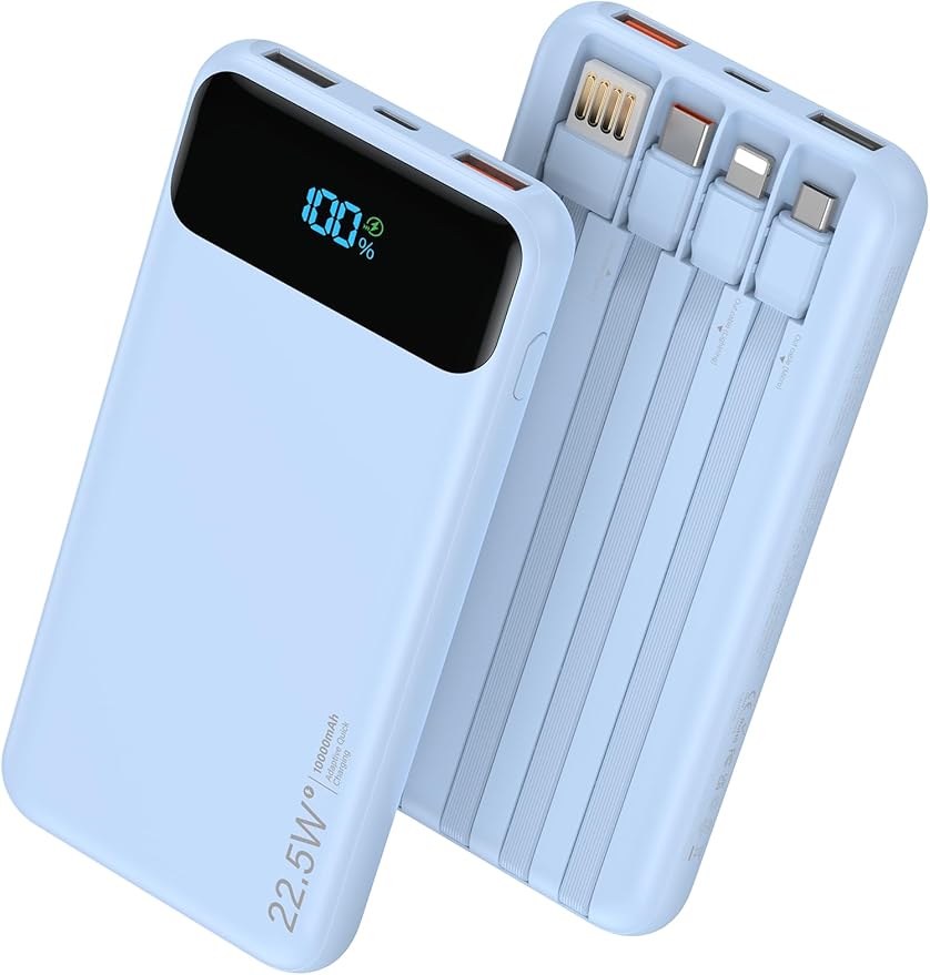 Portable Charger, 10000mAh 22.5W Fast Charging Power Bank with 4 Built-in Cables, Travel Essentials Battery Pack with LED Display, 6 Outputs Charging Bank Compatible with iPhone, iPad, Samsung Blue