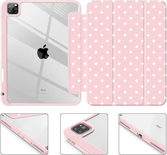 Tuiklol for iPad Pro 11 Inch 4th / 3rd / 2nd / 1st Gen (2022 2021 2020 2018) Case -Built-in Pencil Holder Shockproof Cover Clear Transparent Back Shell with Auto Wake/Sleep, Spot-Pink
