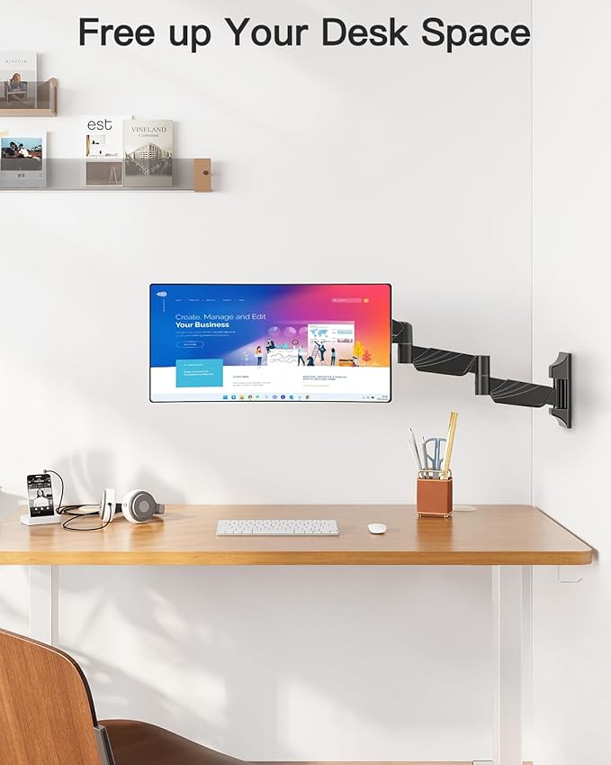 Long Arm Monitor Wall Mount for Max 32 inch Computer Screen, Extra Long Adjustable Single Wall Mount Monitor Arm, Full Motion Vesa Wall Bracket 100x100, Hold up to 17.6lbs, Black