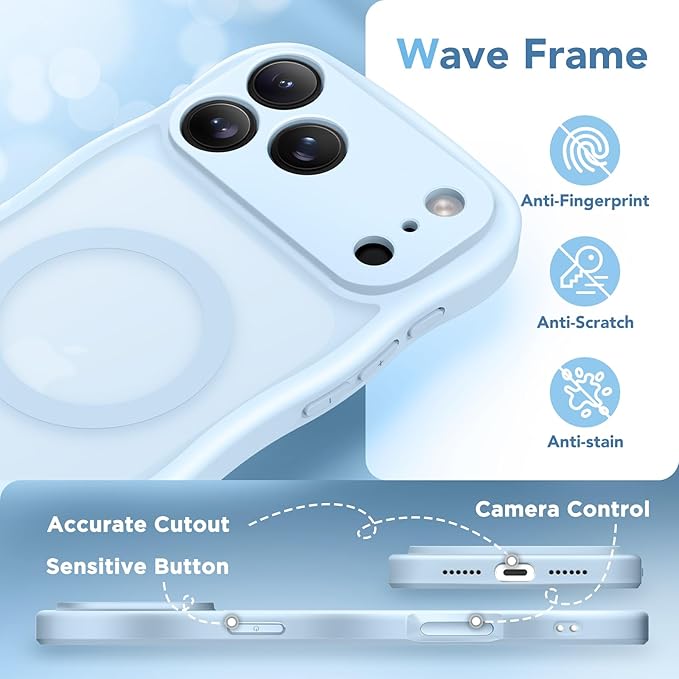 CAPRARO Magnetic for iPhone 17 Pro Max Case for Women Girls, Upgraded [Full Camera Protection] [Compatible with MagSafe] Cute Wave Translucent Matte Phone Case for iPhone 17 Pro Max, Light Blue