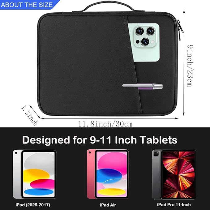 CAAORDKSO 9-11 Inch Tablet Sleeve Travel Tablet Case for 11 inch iPad A16, 10.5" 11 inch iPad Air/Pro, 9.7" 10.2" 10.9" iPad, Samsung Galaxy Tab A9+ Plus 11”/S8/S9, Amazon Fire HD 10 tablet Bag, Black
