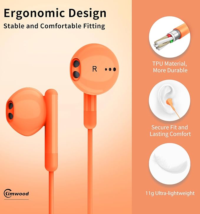 Kimwood Wired Earbuds with Microphone, Wired Earphones in-Ear Headphones HiFi Stereo, Powerful Bass and Crystal Clear Audio, Compatible with iPhone, Android, Computer Most with 3.5mm Jack(Orange)