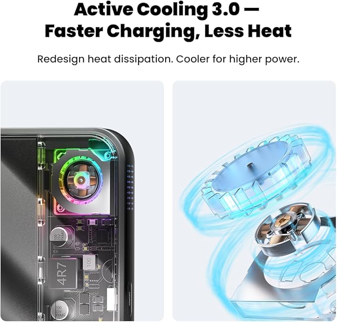 sharge ICEMAG 3 MagSafe Portable Charger, Qi2.2 25W Magnetic Power Bank 10000mAh 35W USB-C Fast Charging, with Active Cooling& Built-in Cable, Transparent RGB Design for iPhone 17e/16/15 Series