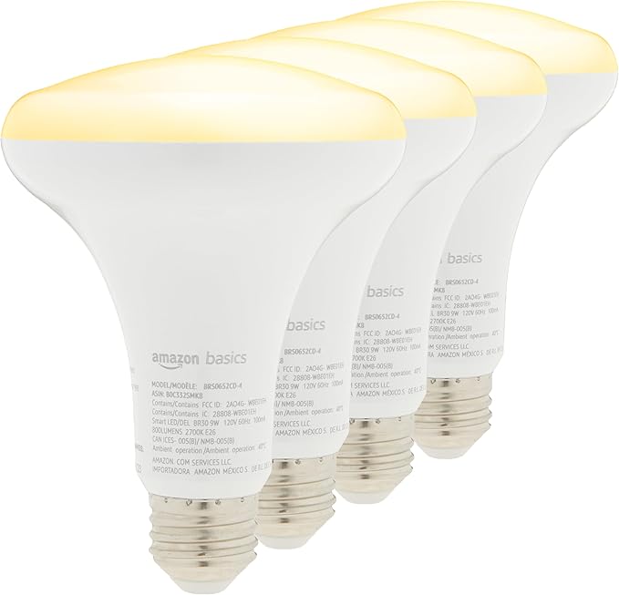 Amazon Basics Smart BR30 LED Light Bulbs for Bedroom Living Room, Dimmable Soft White (2700K), 9W (60W Equivalent), 800LM, Voice Control, Works with Alexa Only, 2.4 GHz Wi-Fi, No Hub Required, 4-Pack