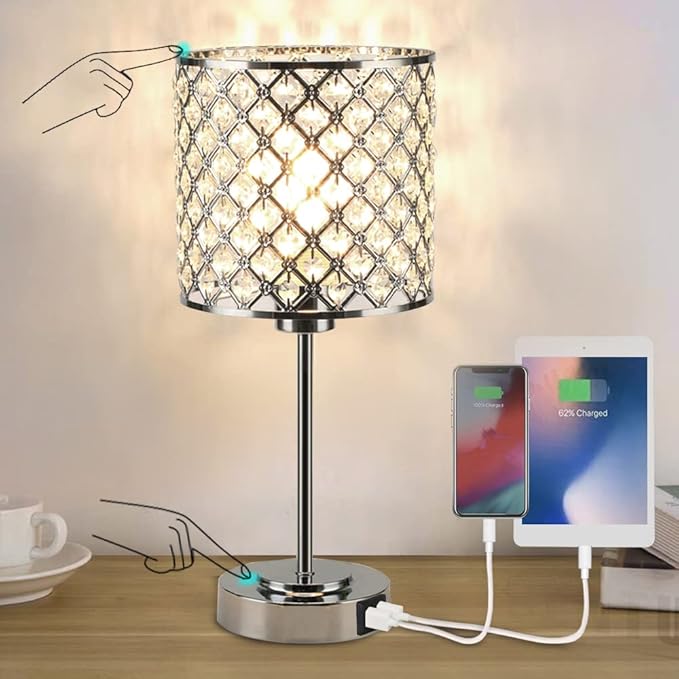 Crystal Table Bedside Lamp Touch Control, Dimmable Small Nightstand Lamp Set of 2 with USB-C+A Charging Ports, Decorative Silver Tabletop Lamp for Bedroom Living Room Guest Room, Bulbs Included