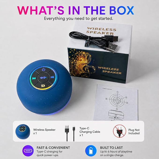 Bluetooth Shower Speaker with LED – Portable Wireless Mini Speaker with Mic & Suction Cup, IPX4 Water Resistant for Shower, Travel, Pool, River Floating, and Outdoor Fun (Blue)