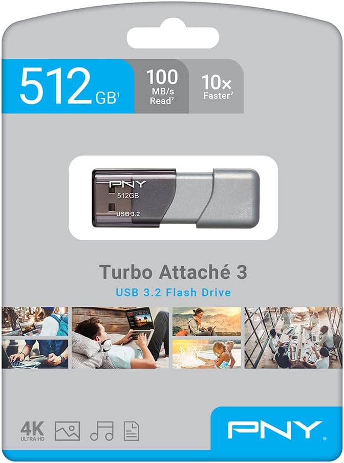 PNY 512GB Turbo Attache 3 USB 3.2 Flash Drive 100MB/s, Silver (Pack of 1)
