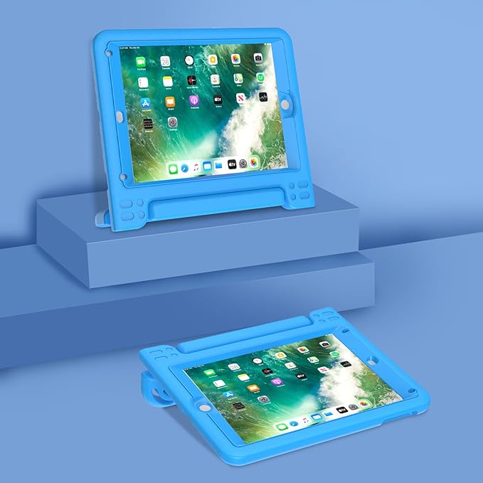AVAWO Kids Case for iPad 9.7 inch (2018/2017 Model) 6th/5th Generation, iPad Air 2 Cover with Built-in Screen Protector, Durable Lightweight Shockproof Handle Stand for Toddlers, Blue