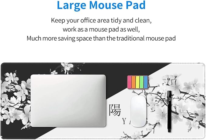 Japanese Black White Cherry Blossom Gaming Mouse Pad XL Extended Large Mousepad with Nonslip Rubber Base Stitched Edges Laptop Computer Keyboard Desk Mat for Office Home Gamer