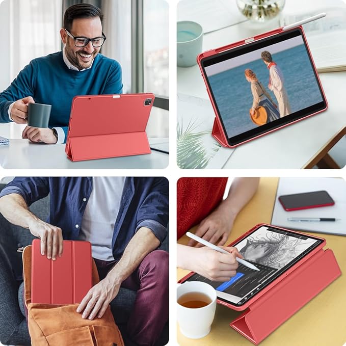 DTTO for iPad Air 13 Inch Case M4/M3/M2 2026/2025/2024, iPad Pro 12.9 Inch Case (6th/5th/4th/3rd Gen), Smart Slim Trifold Stand Soft Cover with Pencil Holder, Red