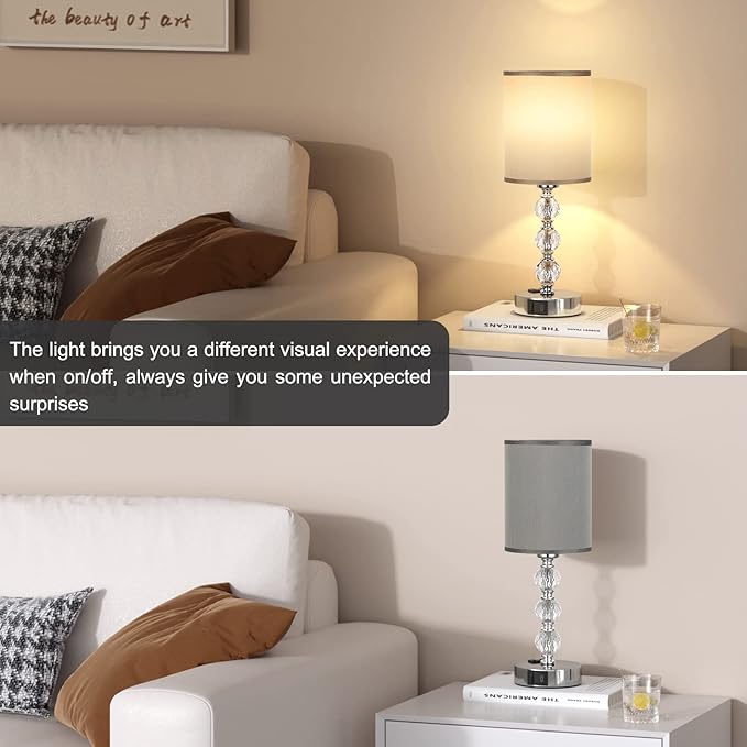 Grey Touch Bedside Lamps for Bedrooms - Crystal Table Lamp with USB C+A Charging Port and AC Outlet Nightstand, 3 Way Dimmable Silver Small End Side Table Lamp for Living/Guest/Dinning Room/Kitchen
