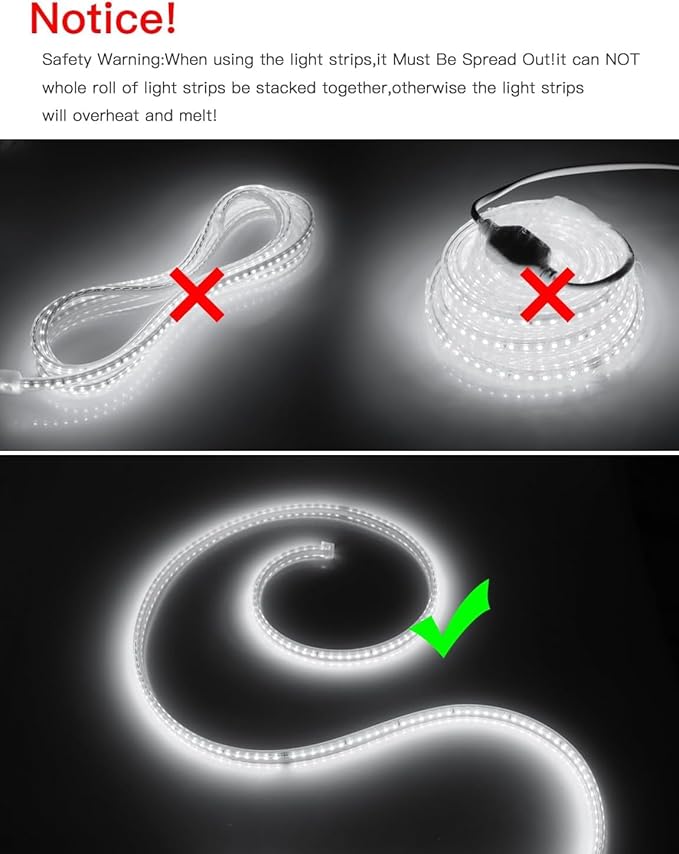 LED Strip Lights Outdoor Waterproof, 600 LEDs, 6500K Cool White, 16.4ft LED Rope Lights for Bedroom, Kitchen, Garden, Patio, Indoor Christmas Decoration, AC 110V (White Light, 16.4 ft)
