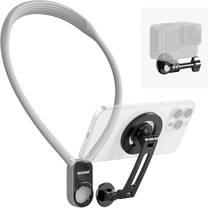 Neewer Magnetic Neck Holder for Action Camera Phone Hands Free Neck Tripod Chest Mount Compatible with GoPro DJI Insta360 iPhone15 Android Neck Phone Holder for POV Vlog, Gray, GP16