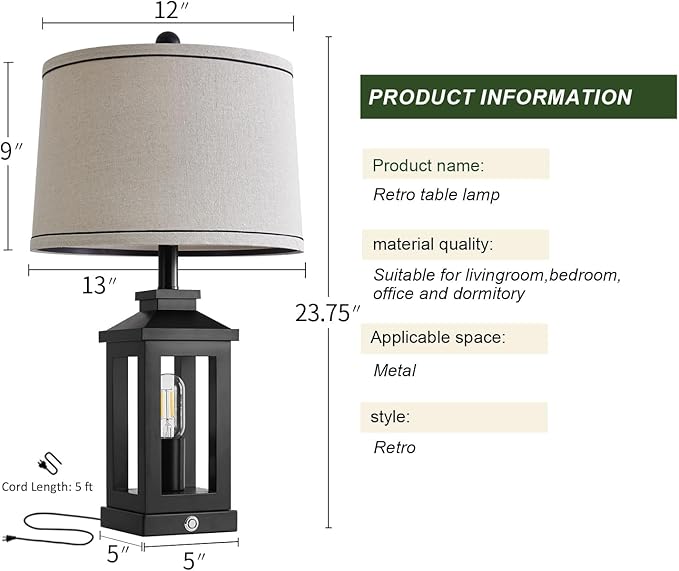 G-SAFAVA 23.75" Retro Farmhouse Black Table Lamp for Living Room Bedroom Nightstand Set of 2 Touch Control Bedside Nightlight Vintage Modern Lamp with USB C+A Ports and 2 Light Sources